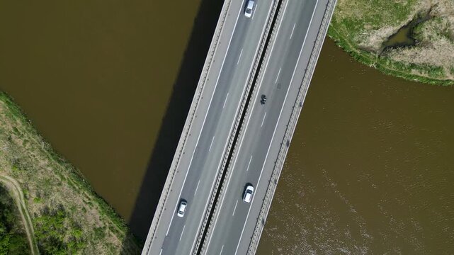 Top down view of S8 expressway bridge over the Bug river in Wyszkow, Poland