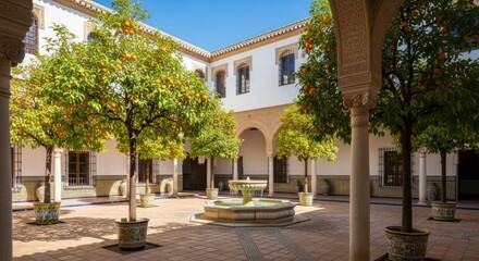 Naklejka premium Sunlit Andalusian Courtyard with Fruitful Orange Trees and a Central Fountain