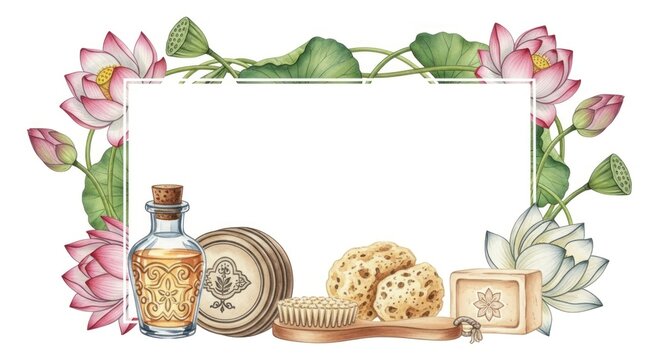 Elegant Watercolor Lotus Frame with Natural Spa and Bath Essentials
