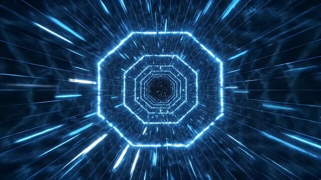 A mesmerizing digital artwork depicts a tunnel of vibrant blue light, converging towards a distant, star-filled aperture, evoking a sense of futuristic travel and boundless exploration.
