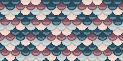 Elegant seamless pattern of overlapping scales in muted pink, blue, and burgundy tones. © Olena