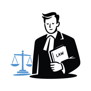 Minimalist vector illustration of a male lawyer or judge wearing formal legal attire, holding a law book and standing next to a blue scale of justice icon on a white background.