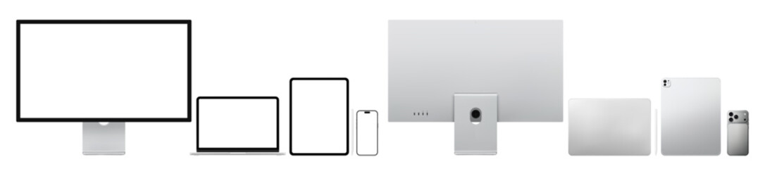 Fototapeta premium Photorealistic modern silver modern smart devices collection mockup: smartphone, pc, laptop, tablet, display. Front, back, rear views isolated on transparent background. Vector PNG