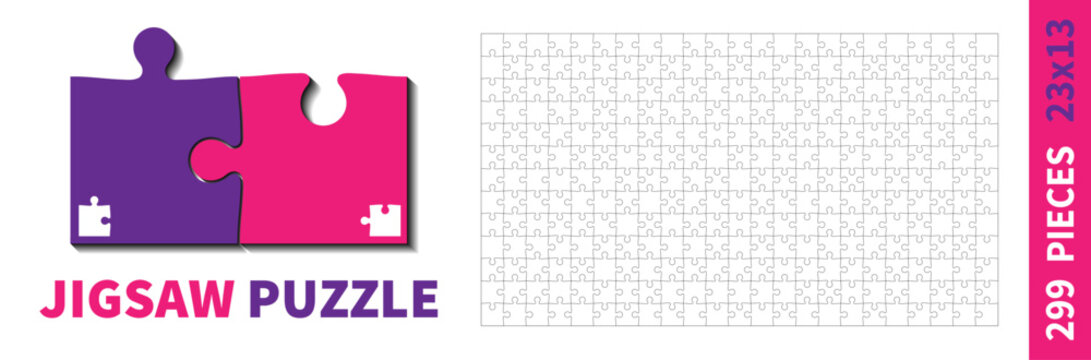 Detailed various shapes puzzle grid. Jigsaw puzzle blank template. 23x13 shapes, 299 pieces. Separate matching puzzle elements. Vector illustration