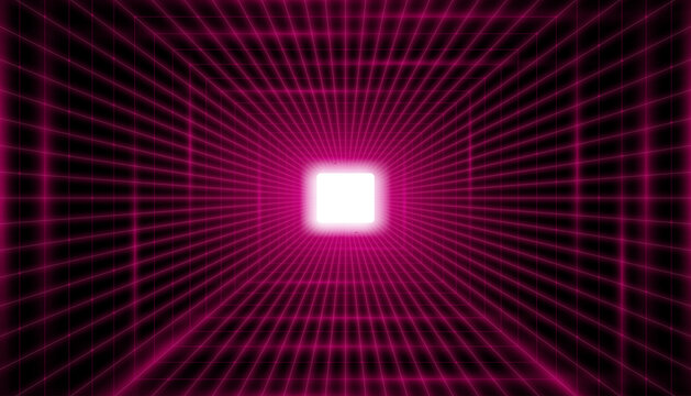Realistic pink digital portal to virtual reality. Sci-fi square glowing portal. 3D line wormhole tunnel. Vector illustration