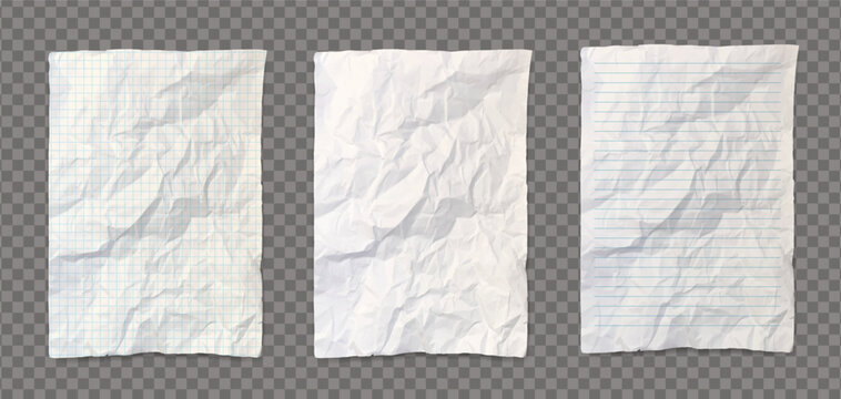 Pack of realistic white crumpled papers with shadow isolated on a transparent background. Empty notebook sheets - checkered, clean and line. Notepook template set. Vector illustration