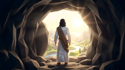 Jesus emerges from tomb into bright new day