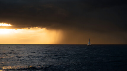 Fototapeta premium Dramatic ocean scene with a single sailboat under a dark, storm-filled sky, illuminated by a vibrant golden sunset and distant rain curtain
