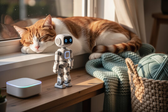 Sleeping cat beside small companion robot on sunny windowsill with yarn