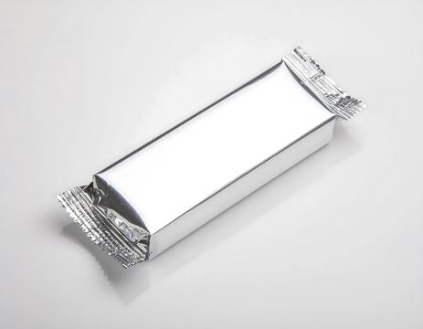 Blank silver foil candy bar wrapper isolated on white background.