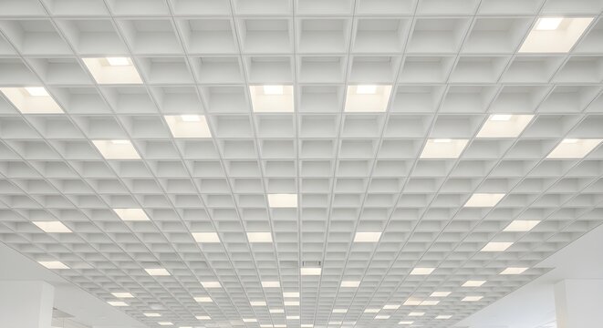 Abstract photograph showing a symmetrical modern ceiling grid featuring repetitive square coffers and bright recessed lighting panels for office interiors