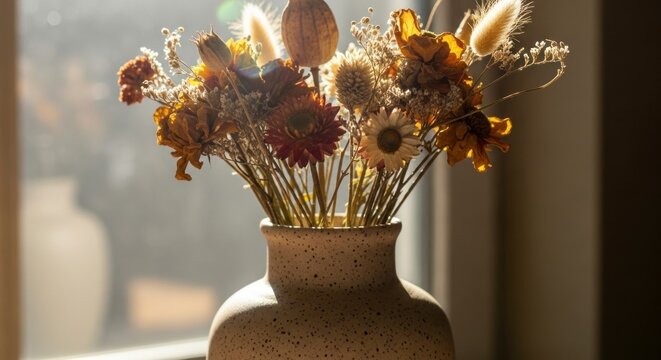 Golden Backlit Bouquet of Dried Wildflowers in a Rustic Speckled Vase