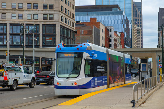 Qline train stops at Grand Circus station near Grand Circus Park, downtown Detroit, Michigan MI, USA.