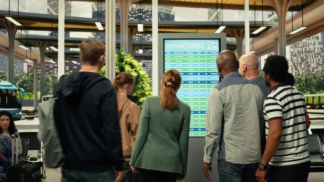 Busy coach station hall with multicultural people waiting for long-haul bus for cross-country journey. Travelers group check departure time and route on schedule screen, affordable trip.