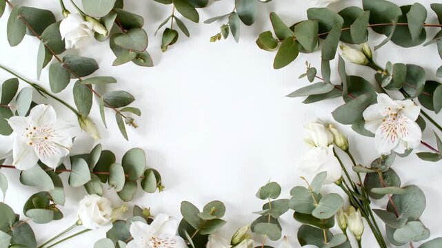 Fresh Eucalyptus plant leaves close up. Beautifully Eucalyptus laid out on white background with flowers. Eucalyptus extract, aromatic essential oil. Natural cosmetics for hair and skin care. 4k
