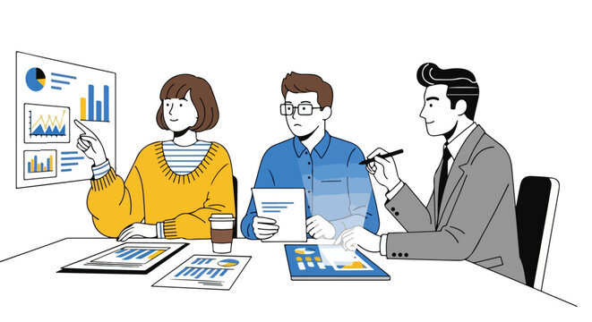 A diverse group of professionals collaborates in a meeting, analyzing business data and charts to develop effective corporate strategies.