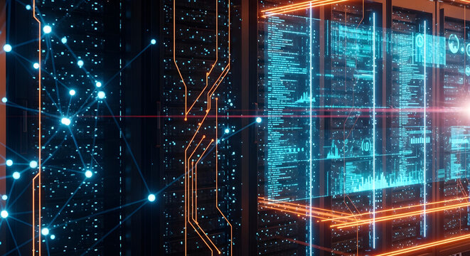 server room with server racks in datacenter banner. 3d illustration