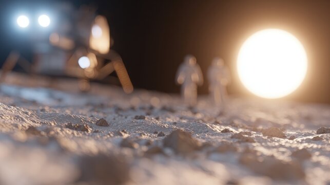 Astronauts walk on the moon near lunar lander and bright sun in the background
