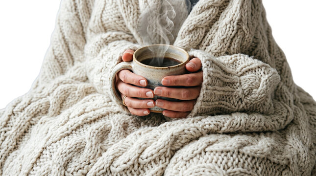 Person holding a steaming mug of coffee wrapped in a cozy cable knit blanket PNG Isolated on transparent background