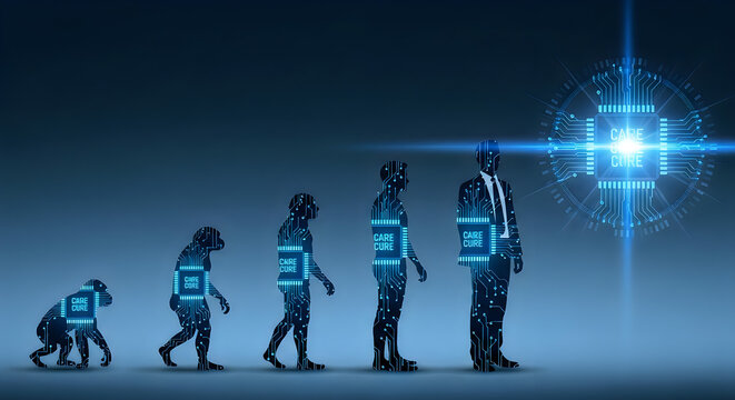 Future evolution change of human resources employee work labor recruitment to iot ai robot computer, technology transform replace human job Digital innovation generation disrupt businessman blockchain