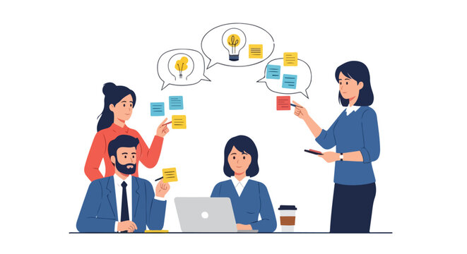 Professional colleagues brainstorm creative ideas together, using sticky notes and a laptop during a collaborative and productive business meeting.
