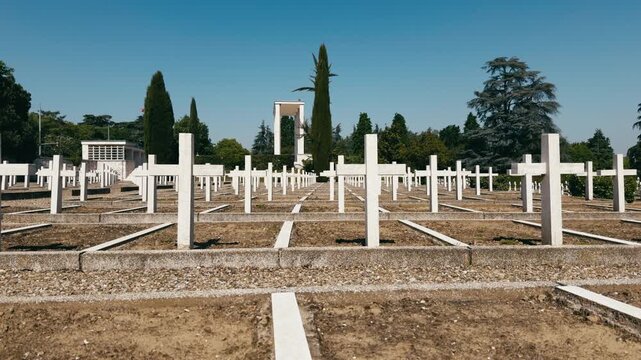Rows Of White Crosses In Cemetery