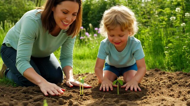 Woman and a little child planting young seedlings in soil. Mother and toddler gardening together outdoors in spring. Family learning about nature and ecology.