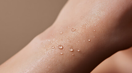 Fototapeta premium Close-up of fresh water droplets on smooth, healthy human skin, highlighting hydration and natural beauty in a vibrant, clean setting