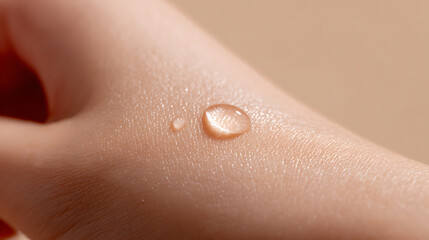 Fototapeta premium Close-up shot of hand skin with two clear liquid drops, showcasing hydration, smooth texture, and natural beauty on a neutral background