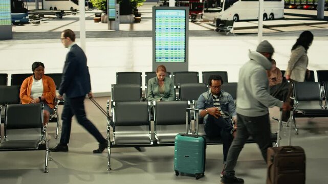 Multicultural group of passengers waiting before interstate coach departure, inside regional bus hub. Travelers group with carry-on luggage checking departure board, long-haul relocation travel.