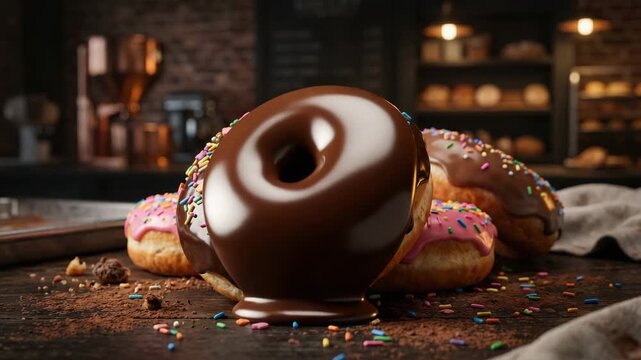 Decadent close-up of a gourmet chocolate-glazed donut, generously sprinkled, amidst other sweet pastries in a cozy, rustic bakery, evoking pure indulgence and culinary delight