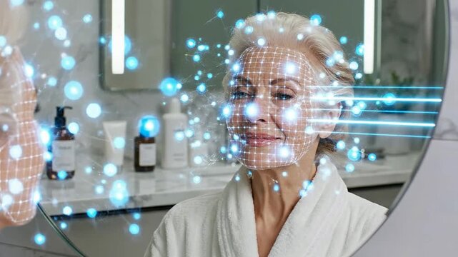 Elderly Woman Enjoying Innovative Skincare Treatment In Modern Bathroom With Reflections And Light Effects 4K