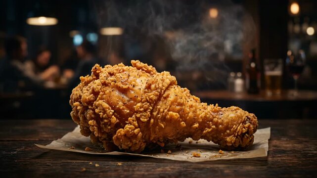 Golden, crispy fried chicken drumstick, freshly steaming on a rustic wooden table in a warm restaurant, showcasing its mouth-watering texture