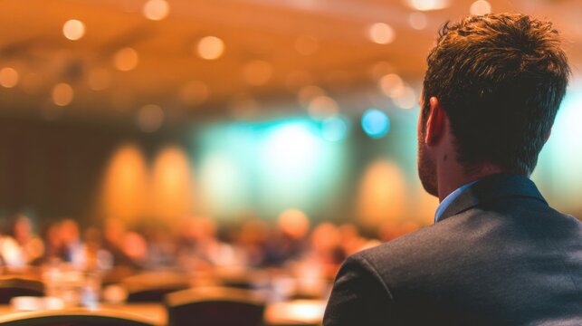 Crowd watches speaker at business event in conference hall during afternoon
