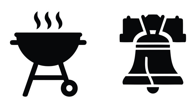 Barbecue grill and liberty bell silhouettes on a white background