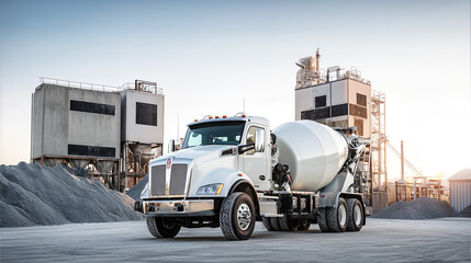 White Concrete Mixer Truck Parked at Industrial Site with Aggregate Piles, Ideal for Construction Projects.
