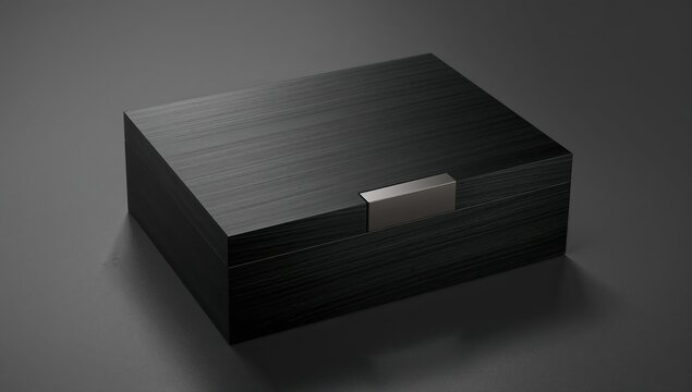 Luxury minimalist executive desk box crafted from dark matte ebony wood with metal accents.