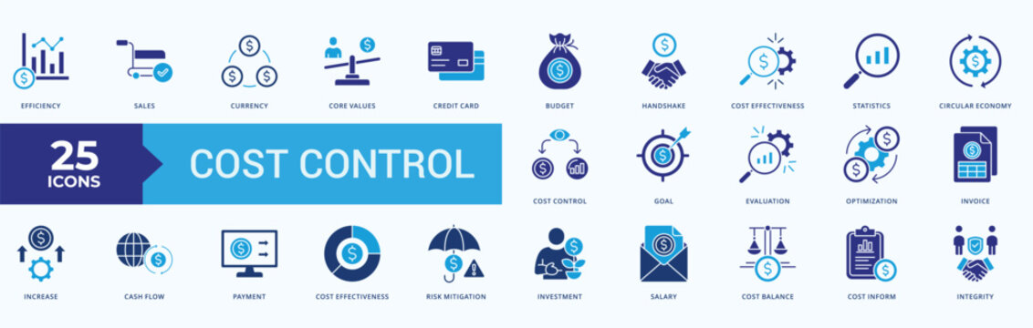 Cost Control Icon Set Flat blue STyle Illustration Vector with efficiency, sales, currency, core, values, credit, card, budget, handshake, cost, effectiveness, statistics, circular, economy