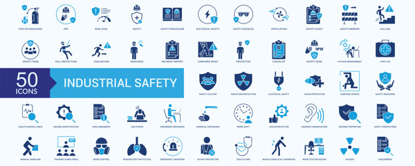 Industrial Safety Icon Set Flat blue STyle Illustration Vector with fire extinguisher, ppe, risk level, safety, safety procedure, electrical safety, safety goggles © Siti