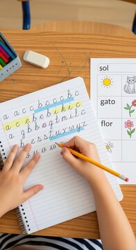 Child practicing cursive writing on lined paper at a desk. A close-up shot of learning and development. Education, schoolwork, handwriting practice.