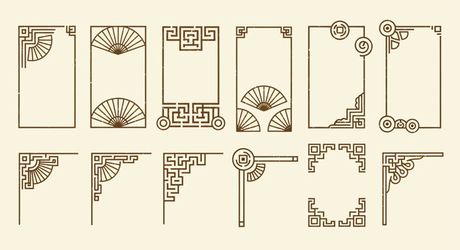 traditional asian borders oriental frames japanese fans and cultural patterns for elegant graphic design.