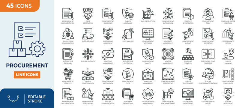 Procurement icon set. Containing distribution, stock, supply chain, purchasing, vendor, supplier, transaction, and more. Editable stroke. Vector illustration