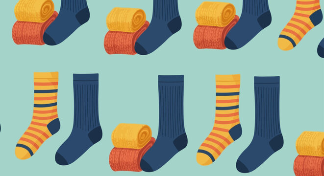a cozy pattern of colorful socks and rolled textiles on a light blue background for home comfort and winter fashion.