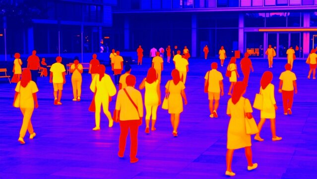 Thermal imaging view of a crowd of people walking in a public city square