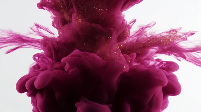 A mesmerizing display of purple and burgundy ink swirling and dispersing in water against a stark white background, creating an abstract and dynamic visual.