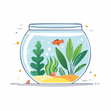 Illustration of a Fish Tank with a Single Goldfish and Aquatic Plants