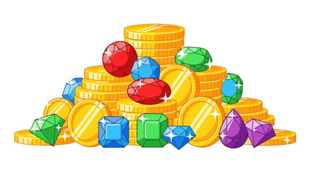 Treasure Pile: Gold Coins and Colorful Gemstones, Wealth and Riches Concept © emal