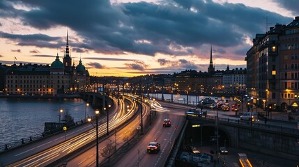 Fototapeta premium Evening Cityscape Over a Historic European Waterway With Trams and Golden Sunset