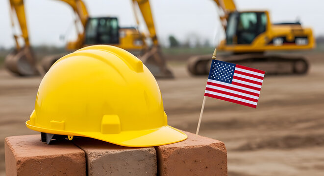 Yellow hard hat on bricks with American flag and construction equipment