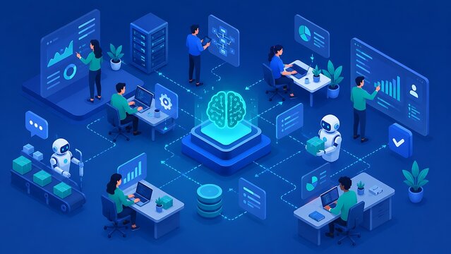 Isometric digital network of diverse professionals working with ai cybersecurity and cloud technology in blue glow